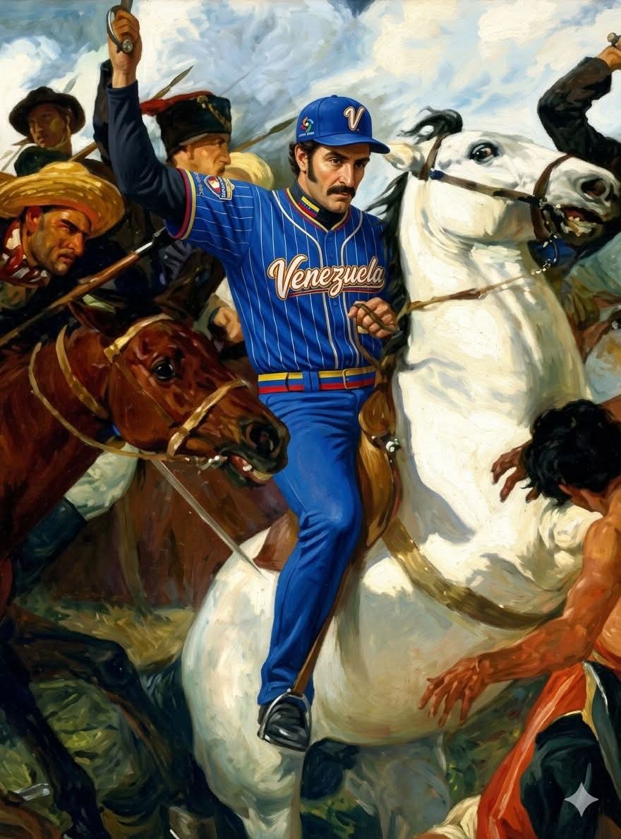 Artistic rendering of Simon Bolivar on horseback wearing Venezuela baseball jersey
